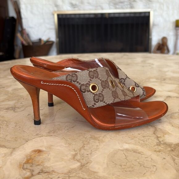 Gucci Vintage Beige/Brown GG Canvas, Leather & PVC Criss Cross Heeled Sandals - Picture 8 of 12